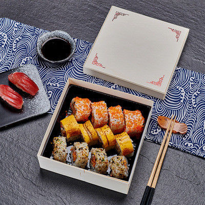 OEM Logo Rectangle Sushi Takeaway Boxes Poplar Wood Food Takeaway Packaging