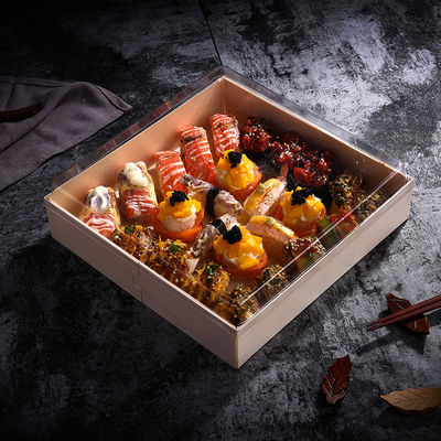 OEM Logo Rectangle Sushi Takeaway Boxes Poplar Wood Food Takeaway Packaging